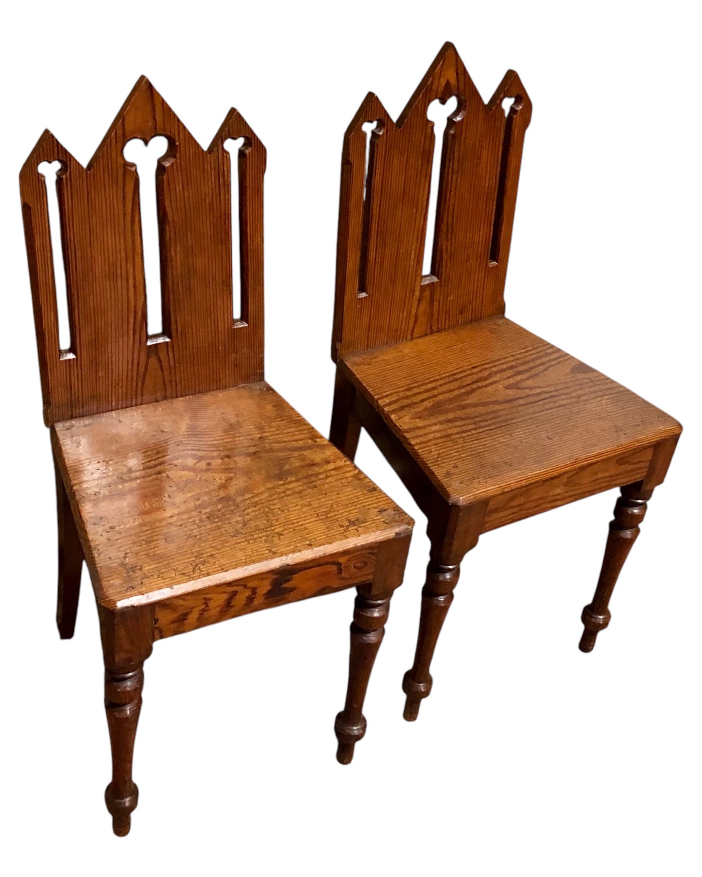 000655....Handsome Pair Of Small Gothic Pine Chairs