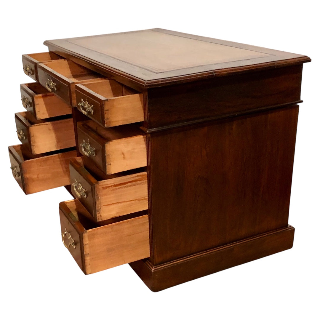 000639....Handsome Antique Walnut Pedestal Desk With Nine Drawers