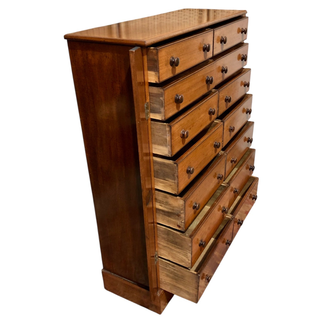 000625....Handsome Antique Double Fronted Wellington/Collectors Chest Of Fourteen Drawers