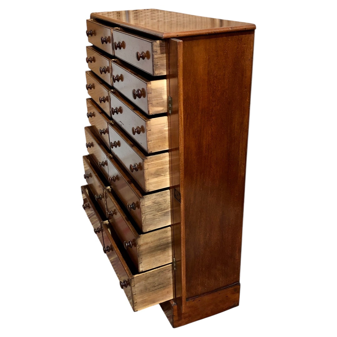 000625....Handsome Antique Double Fronted Wellington/Collectors Chest Of Fourteen Drawers