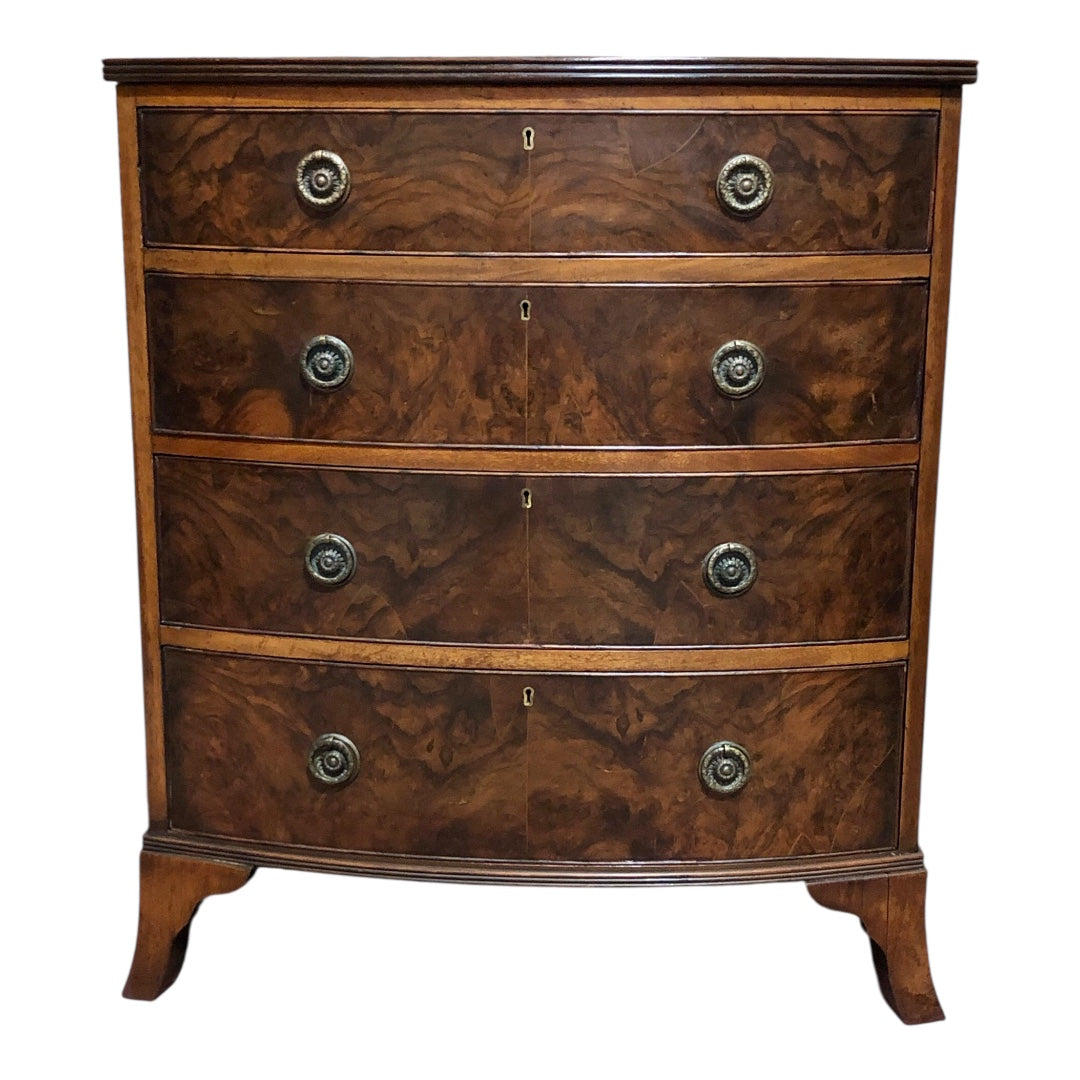 000621....Handsome Vintage Walnut Bow Front Chest Of Drawers