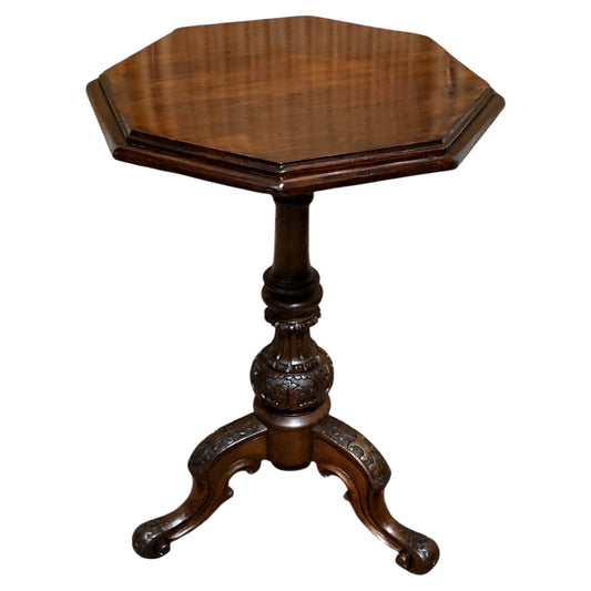 000599....Handsome Antique Accent Table With Carved Walnut Base
