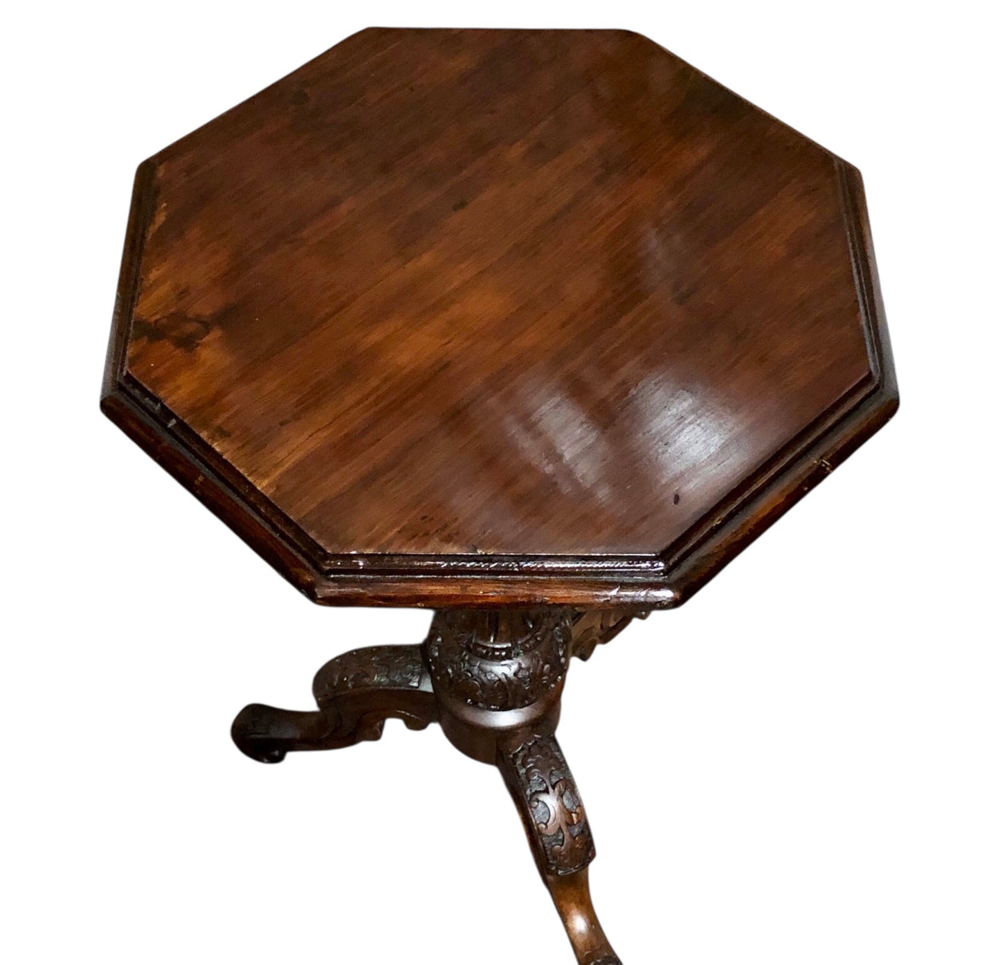000599....Handsome Antique Accent Table With Carved Walnut Base