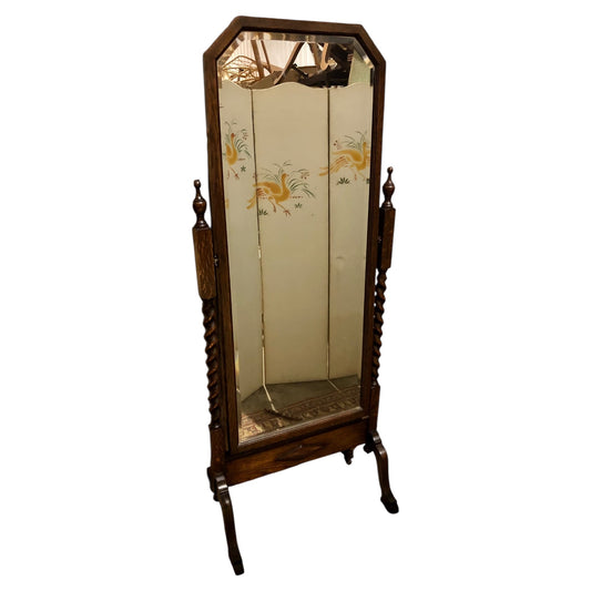 000569....Handsome Vintage Oak Cheval Mirror.