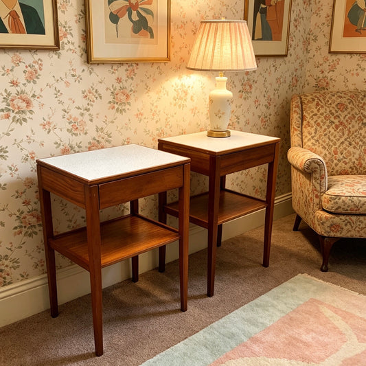 000515....Pair Of Bedside Lamp Tables Retro Teak By Remploy ( sold )