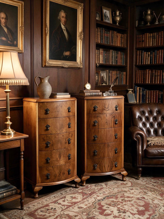 000496....Handsome Pair Of Vintage Walnut Tallboy Chests