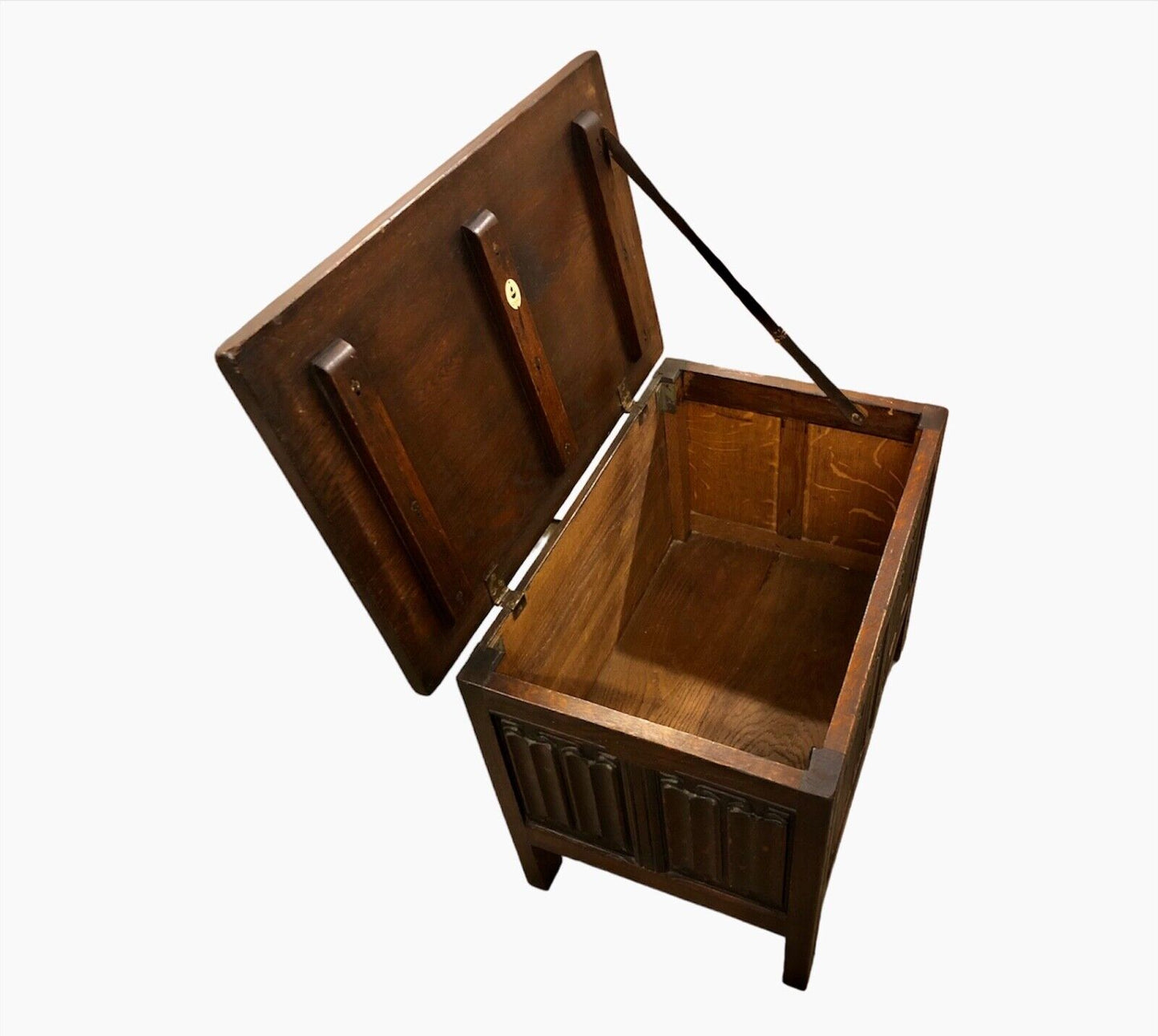 000891....Handsome Gothic Style Small Carved Oak Coffer / Storage Chest ( sold )