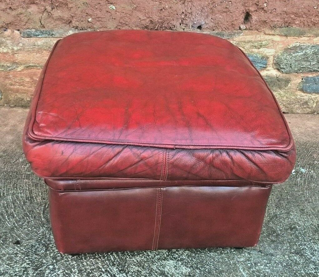 Vintage Leather Footstool / Oxblood Leather Pouffe