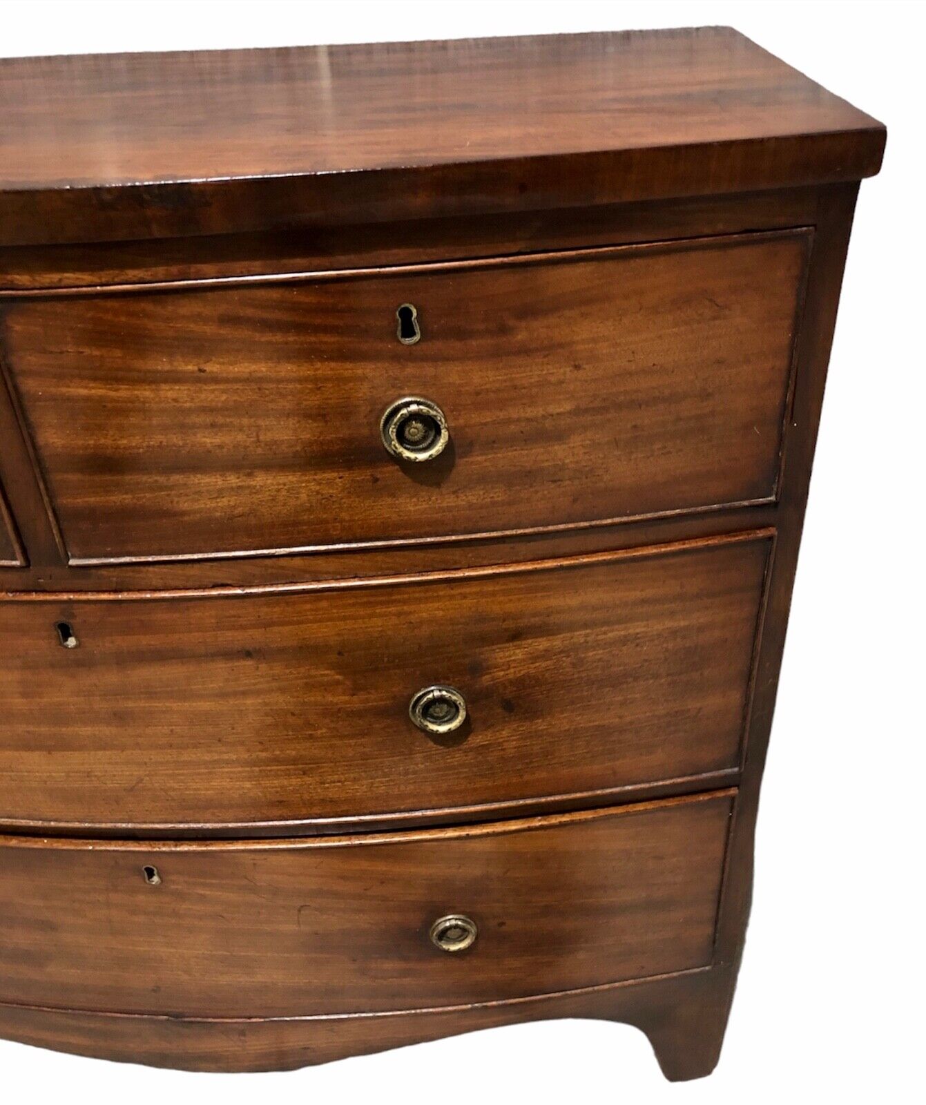 000884....Handsome Antique Regency Mahogany Bow Front Chest Of Drawers ( sold )