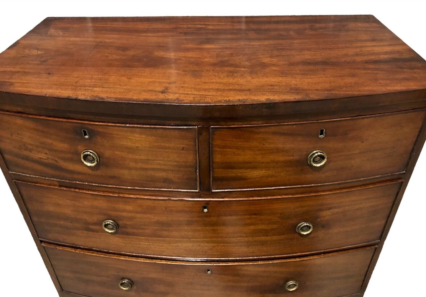 000884....Handsome Antique Regency Mahogany Bow Front Chest Of Drawers ( sold )