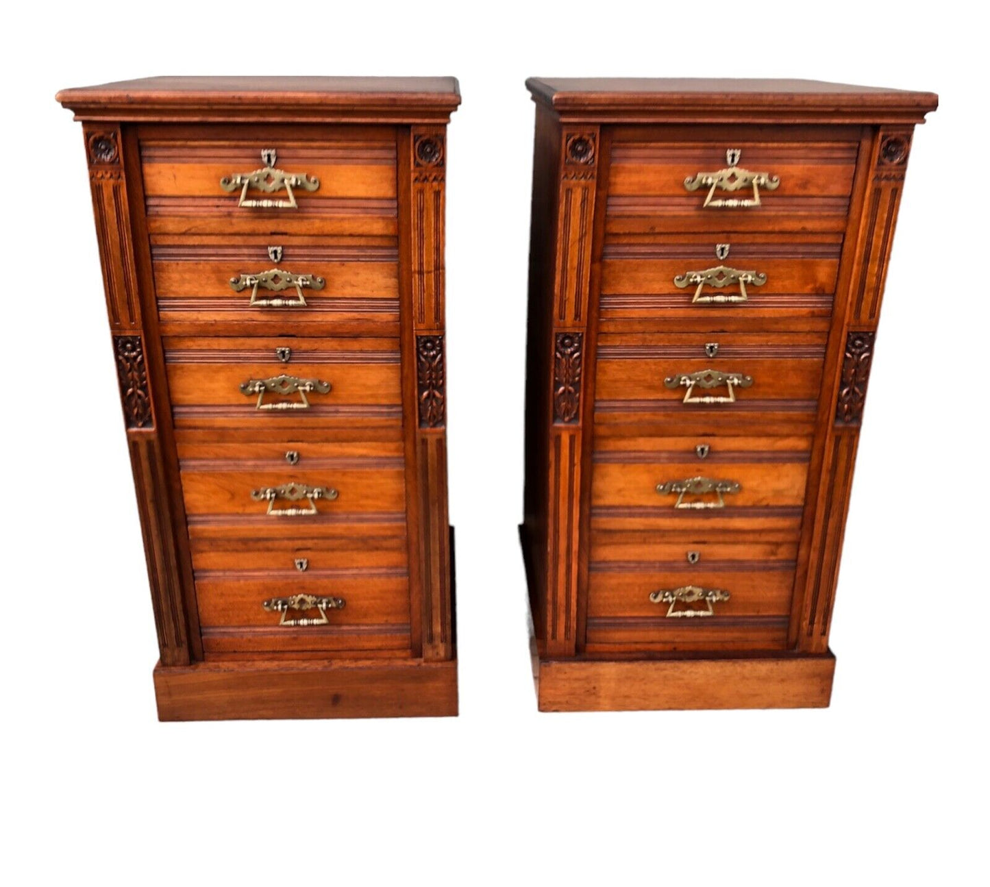 000905....Handsome Pair Of Antique Carved Walnut Chests Of Drawers / Tallboy Chests ( sold )