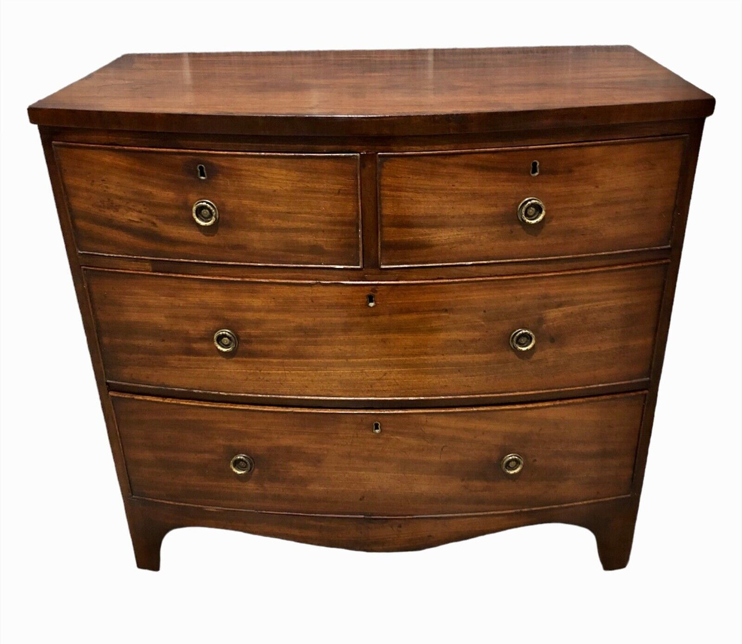 000884....Handsome Antique Regency Mahogany Bow Front Chest Of Drawers ( sold )
