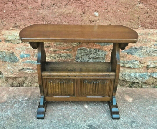 Old Charm Magazine Rack Table / Carved Oak End Table