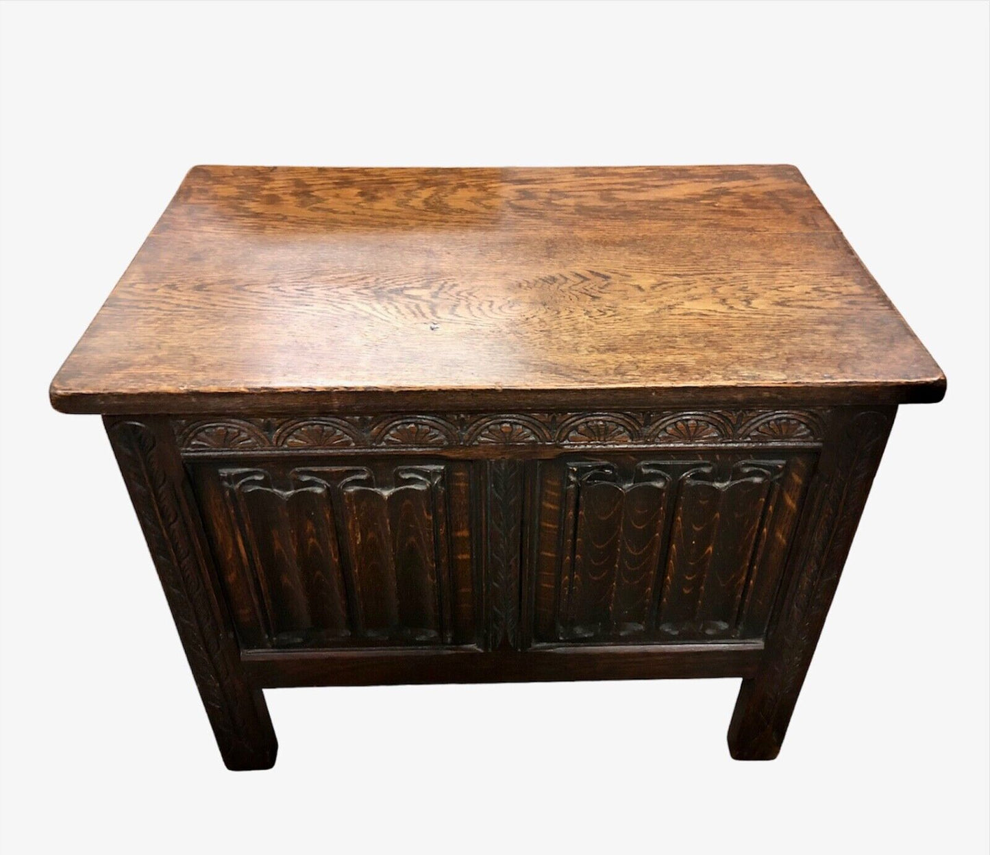 000891....Handsome Gothic Style Small Carved Oak Coffer / Storage Chest ( sold )
