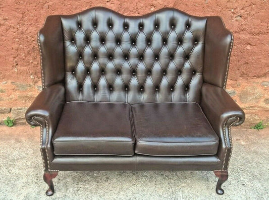Vintage Queen Anne Style Chesterfield Leather Sofa