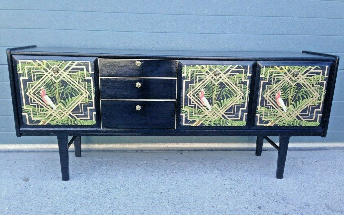 232.....Stunning Retro Sideboard Refinished In Black And Decoupage Decoration ( SOLD )