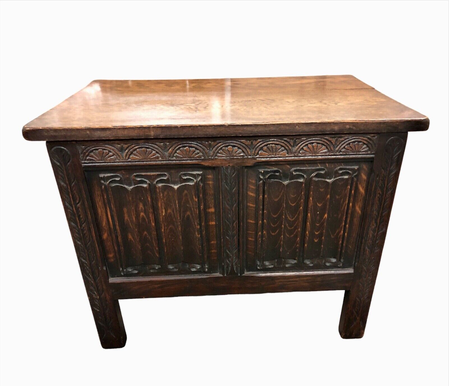 000891....Handsome Gothic Style Small Carved Oak Coffer / Storage Chest ( sold )