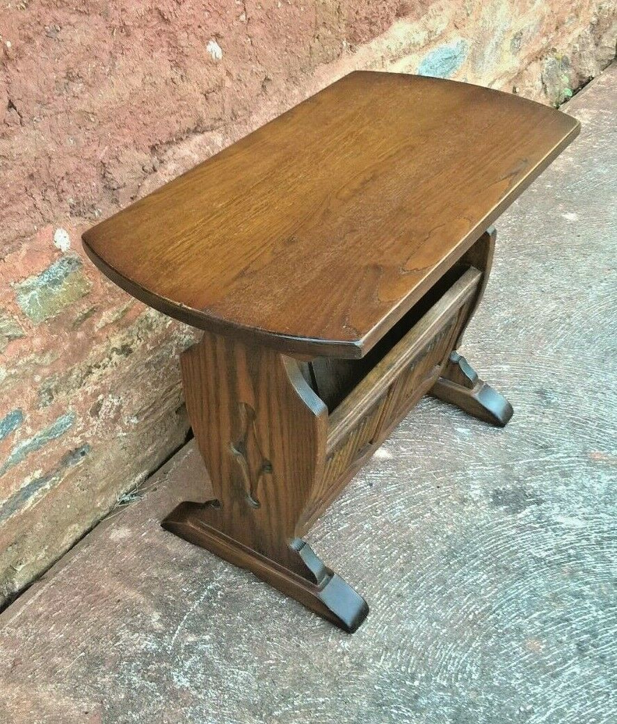 Old Charm Magazine Rack Table / Carved Oak End Table