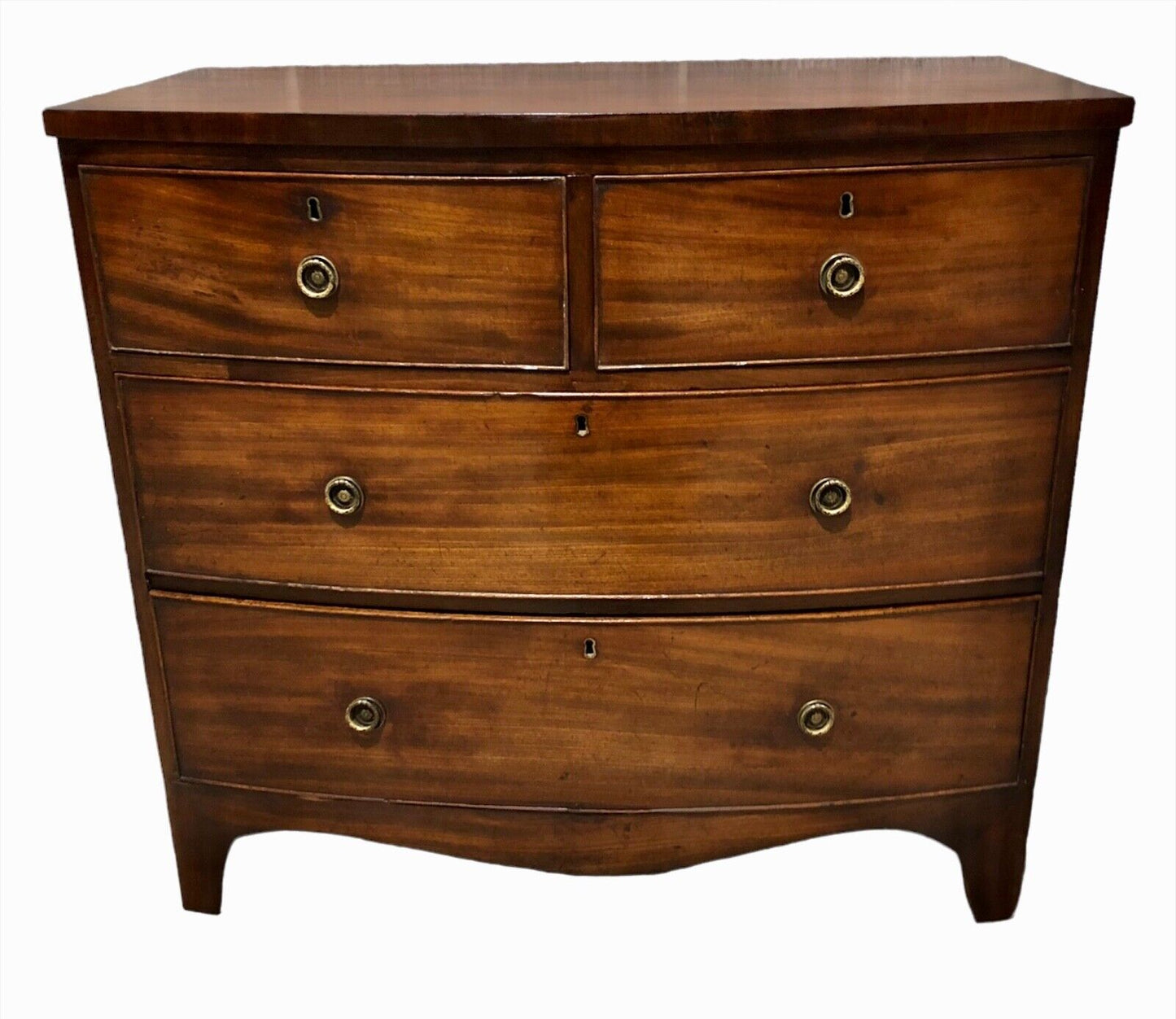 000884....Handsome Antique Regency Mahogany Bow Front Chest Of Drawers ( sold )
