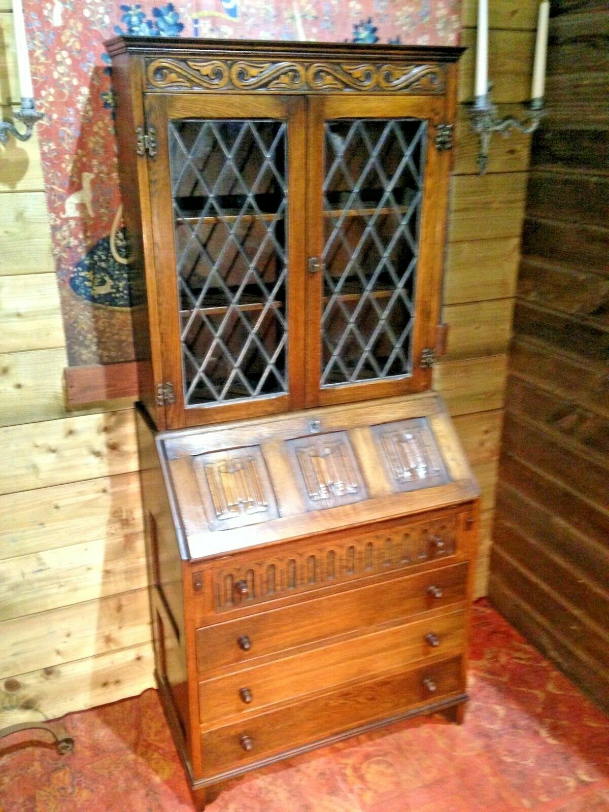 424.....Vintage Oak Bureau Bookcase / Old Charm Style Bureau Bookcase ( SOLD )