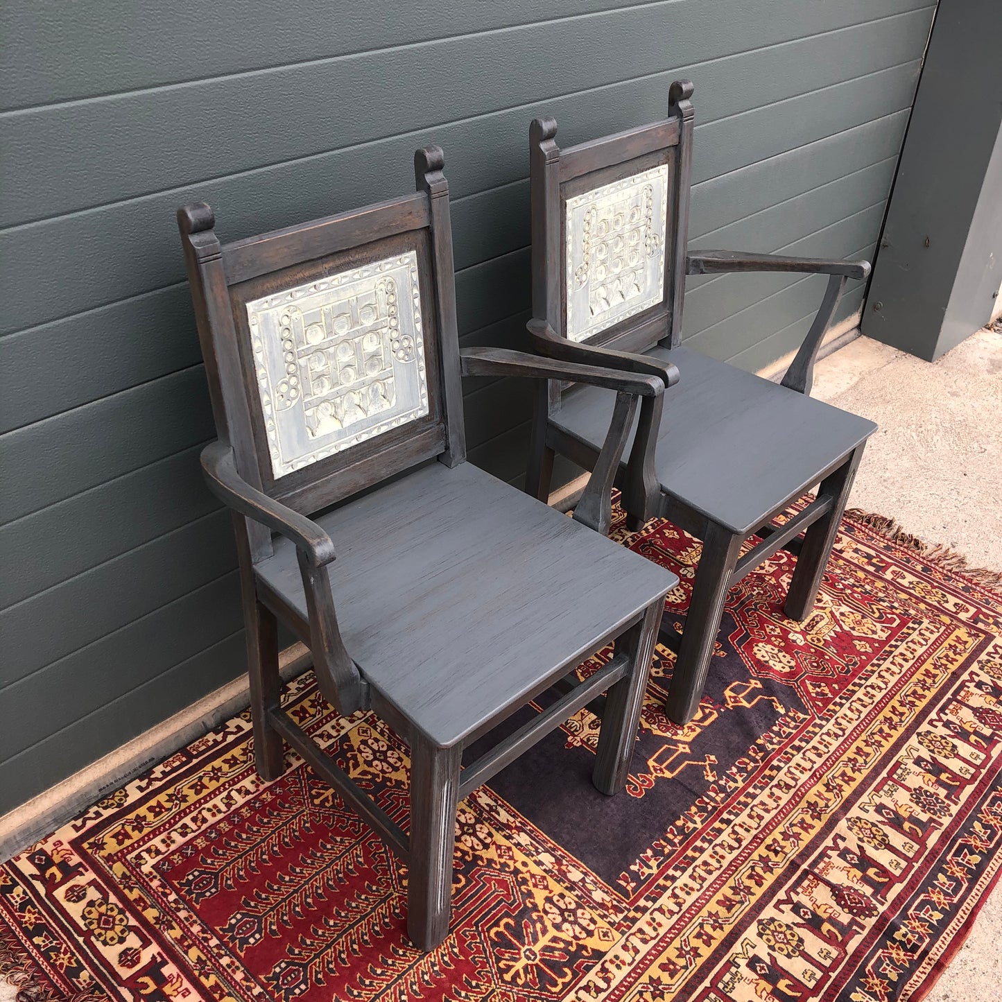 A Pair Of Carved Oak Carver Chairs / Vintage Hall Chairs ( SOLD )