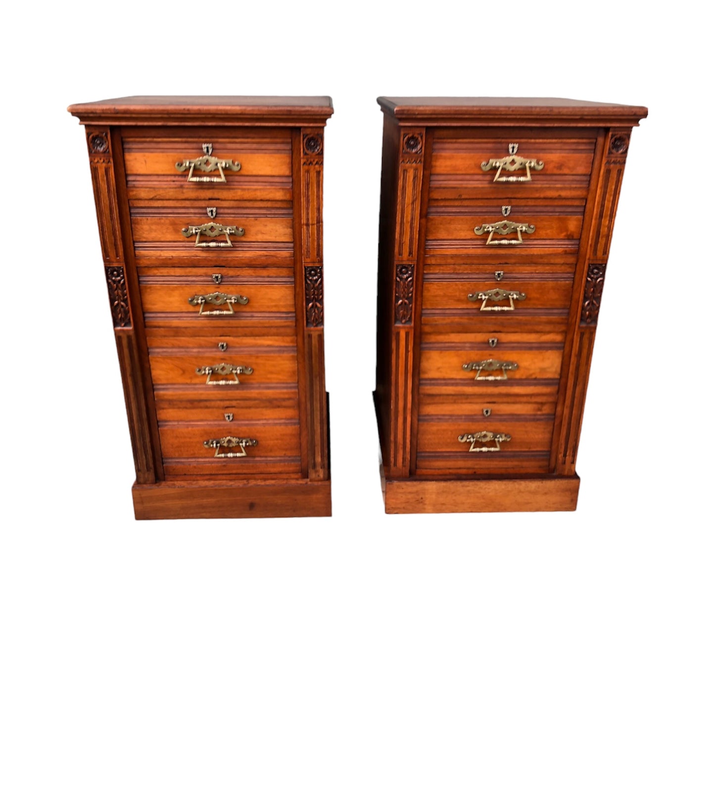 000905....Handsome Pair Of Antique Carved Walnut Chests Of Drawers / Tallboy Chests ( sold )