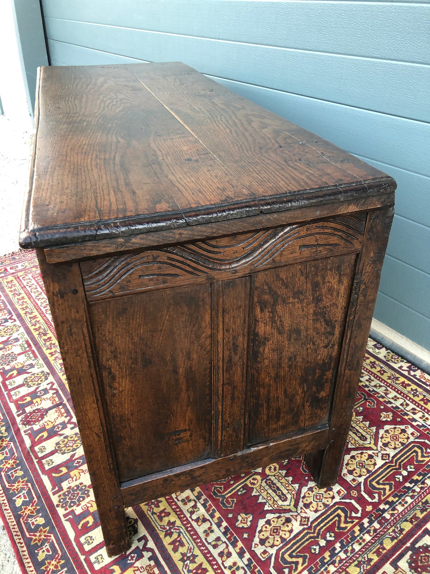 A 17th Century Antique Carved Oak Coffer / Antique Carved Oak Chest ( SOLD )