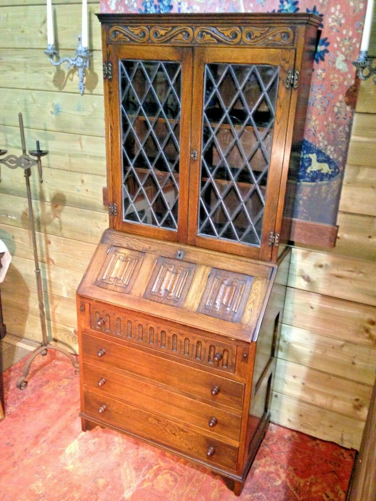 424.....Vintage Oak Bureau Bookcase / Old Charm Style Bureau Bookcase ( SOLD )