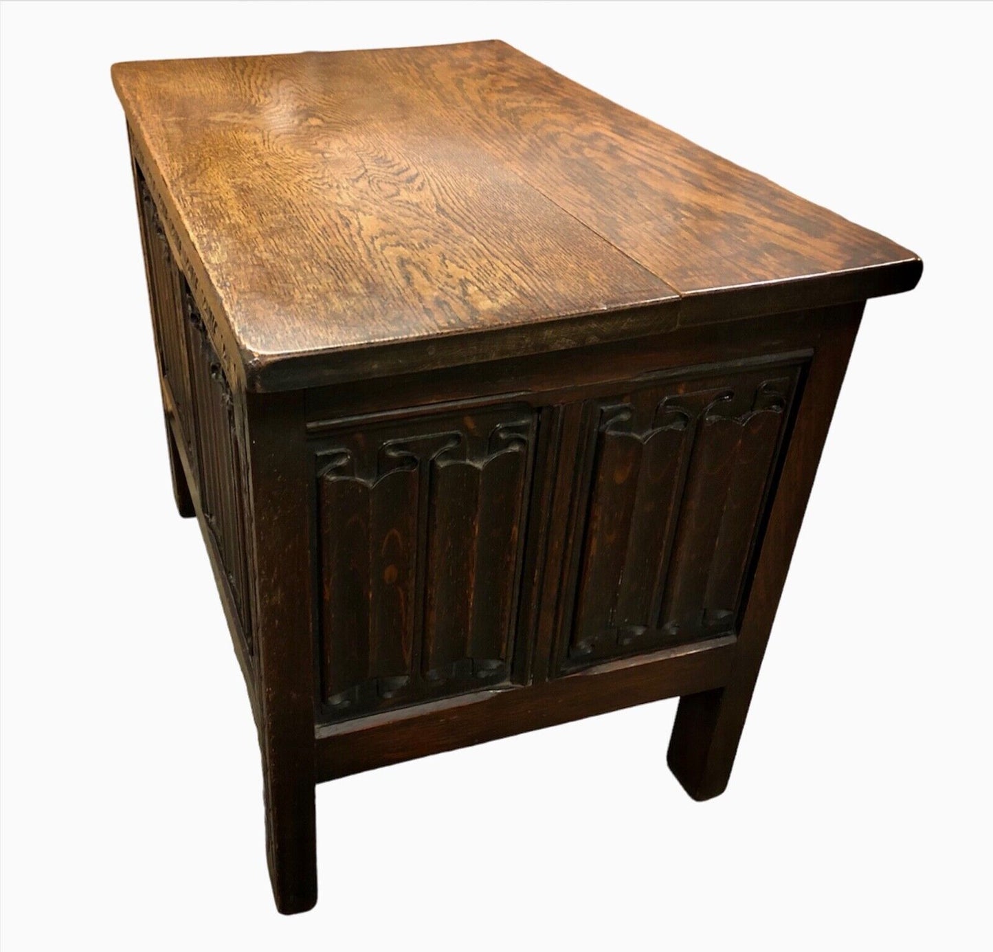 000891....Handsome Gothic Style Small Carved Oak Coffer / Storage Chest ( sold )