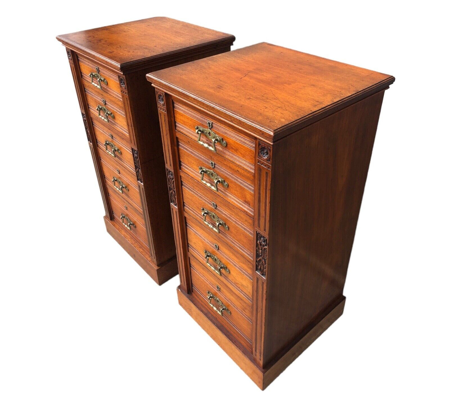 000905....Handsome Pair Of Antique Carved Walnut Chests Of Drawers / Tallboy Chests ( sold )
