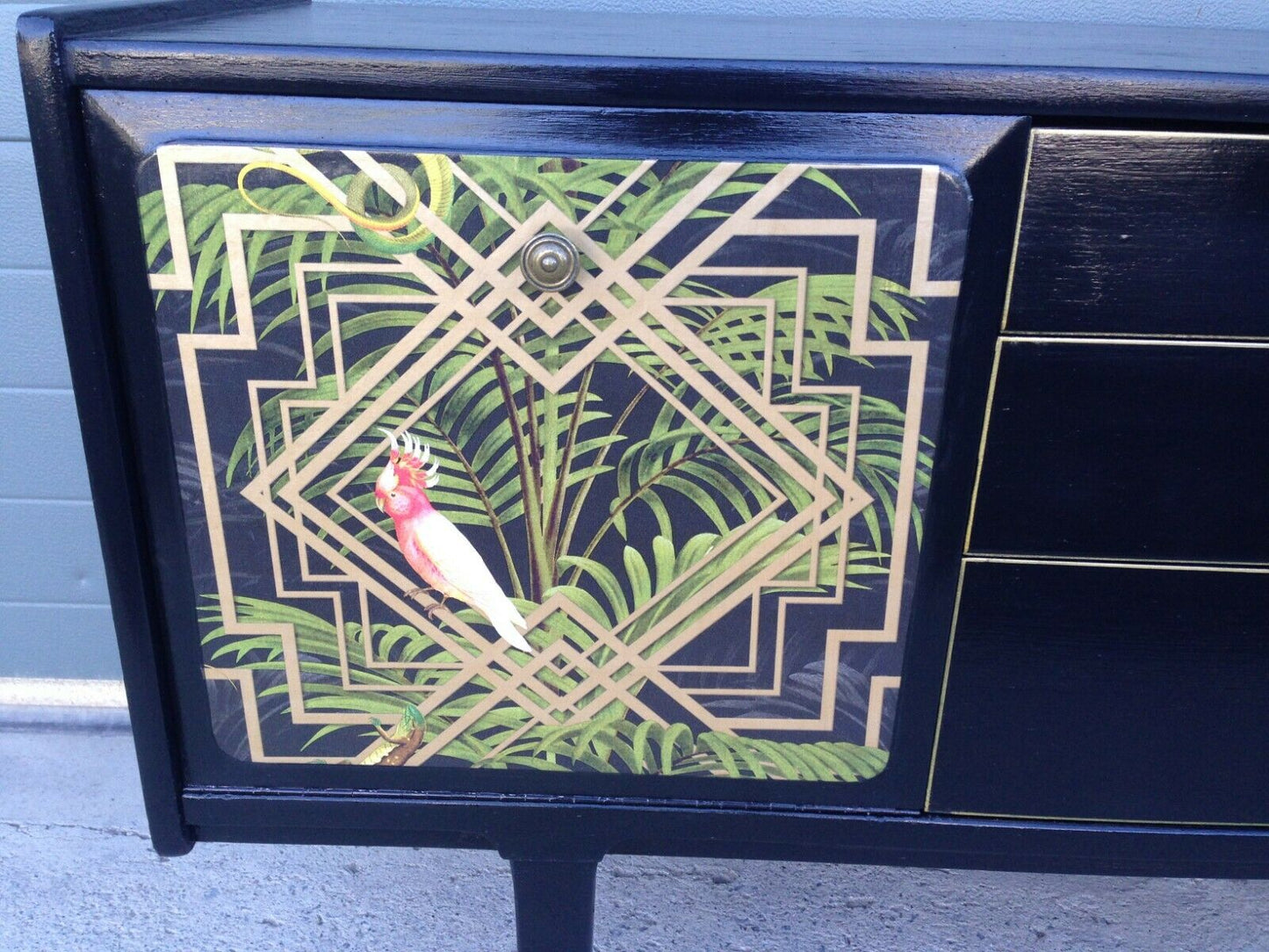 232.....Stunning Retro Sideboard Refinished In Black And Decoupage Decoration ( SOLD )