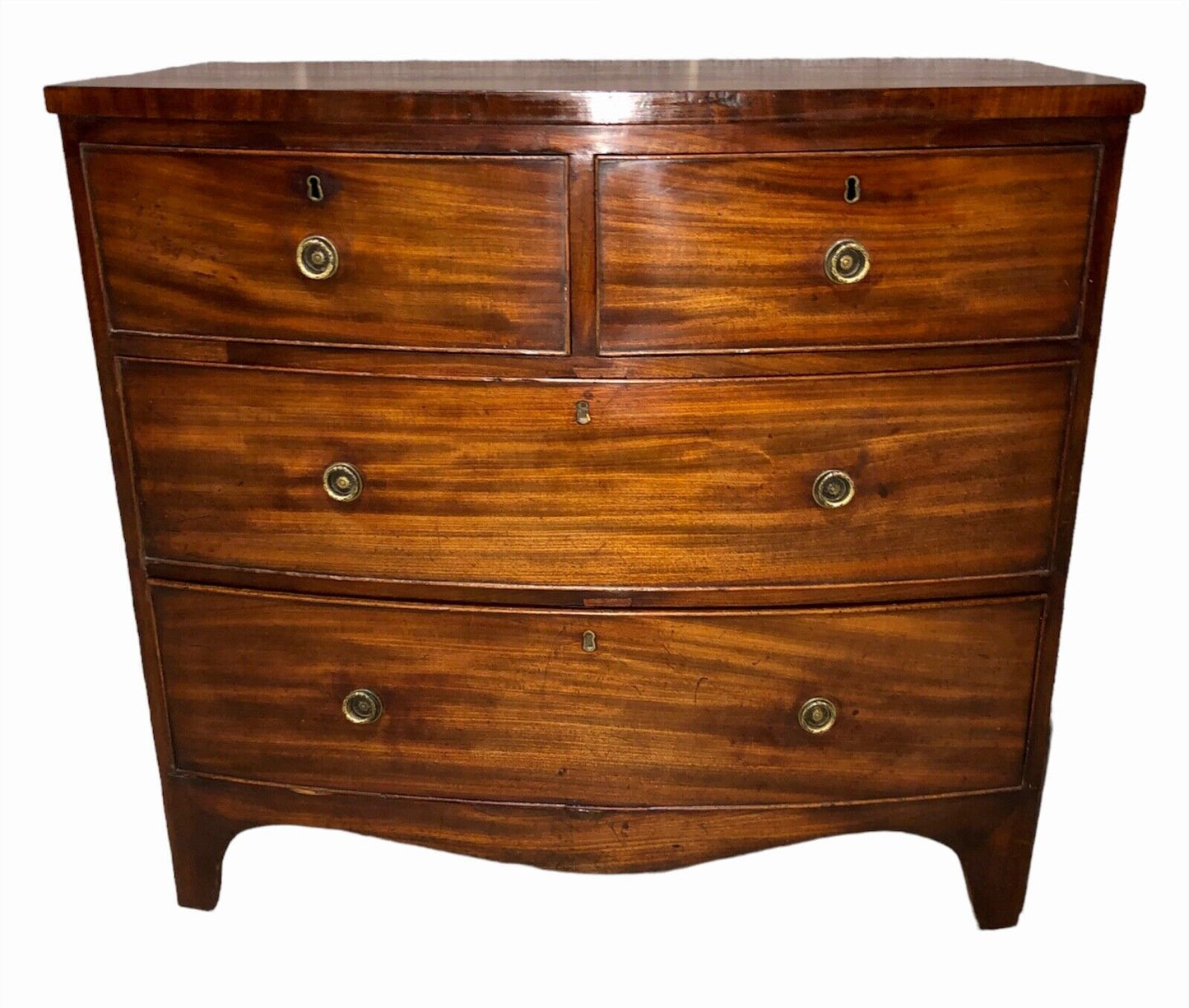 000884....Handsome Antique Regency Mahogany Bow Front Chest Of Drawers ( sold )