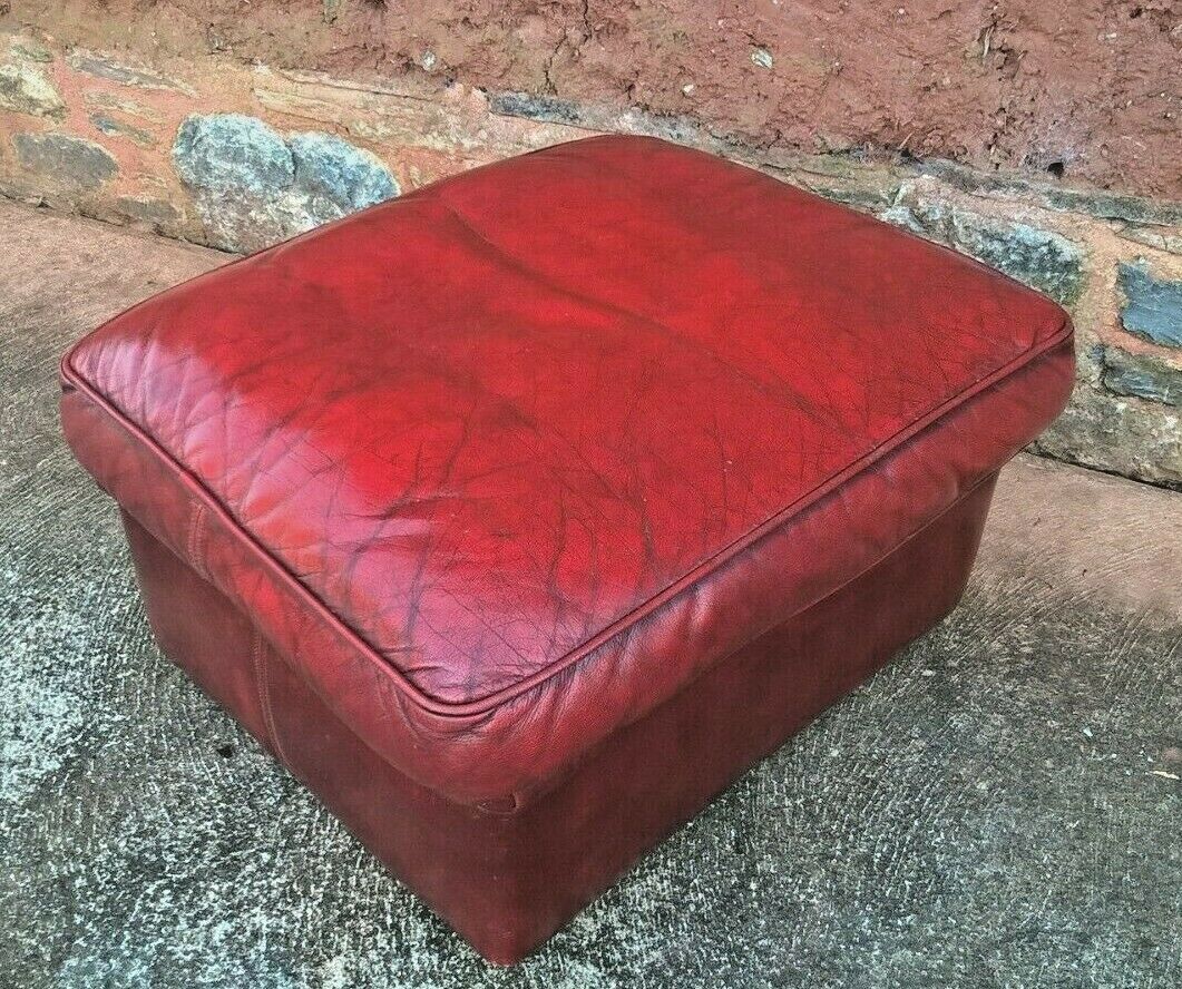 Vintage Leather Footstool / Oxblood Leather Pouffe