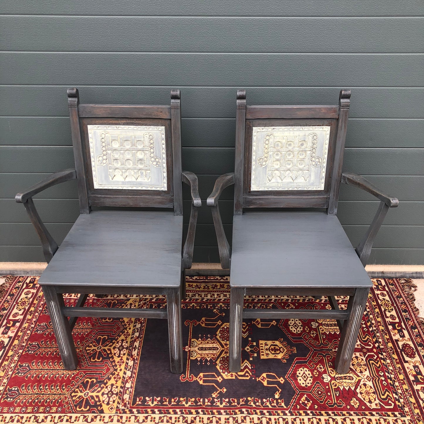 A Pair Of Carved Oak Carver Chairs / Vintage Hall Chairs ( SOLD )