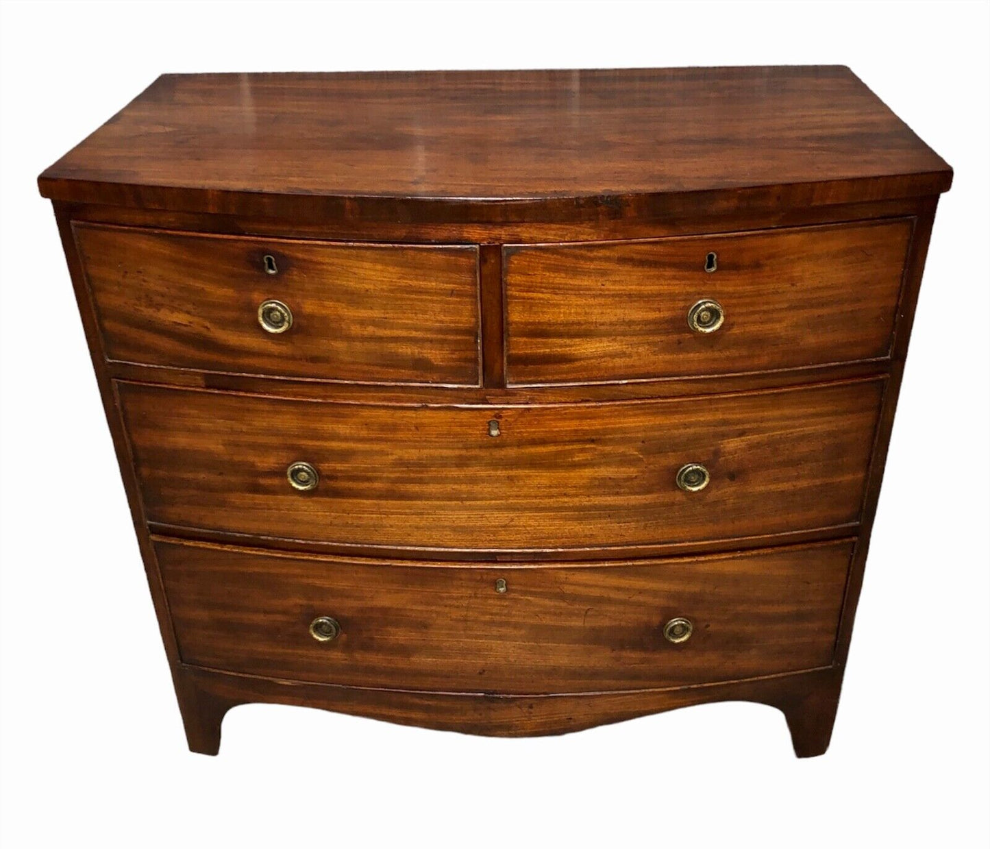 000884....Handsome Antique Regency Mahogany Bow Front Chest Of Drawers ( sold )