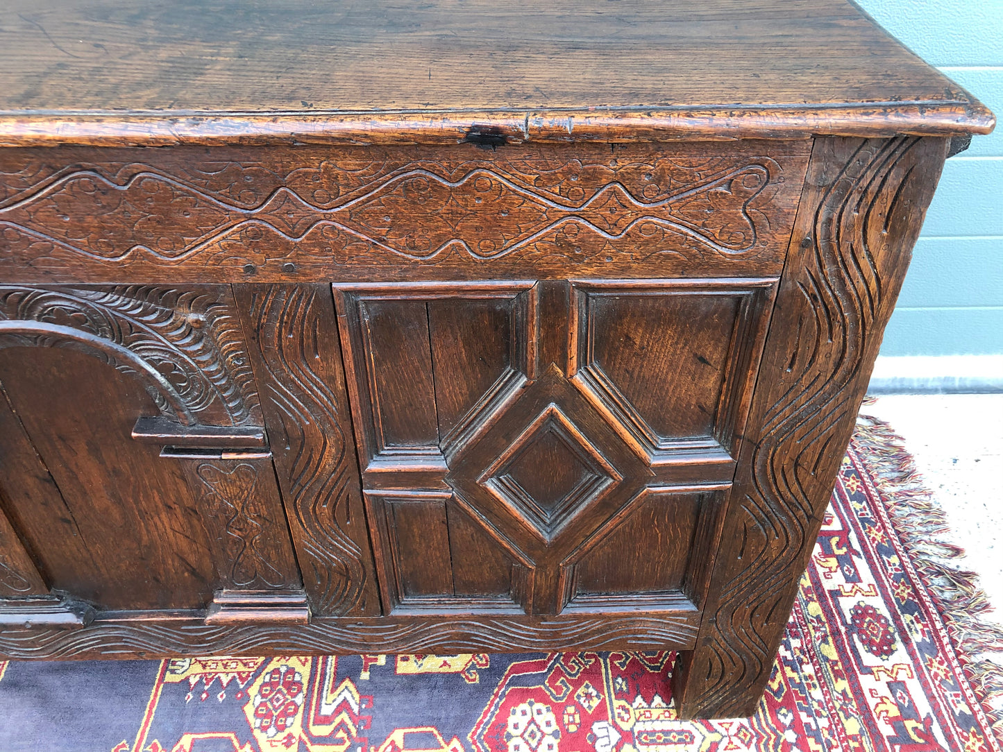 A 17th Century Antique Carved Oak Coffer / Antique Carved Oak Chest ( SOLD )