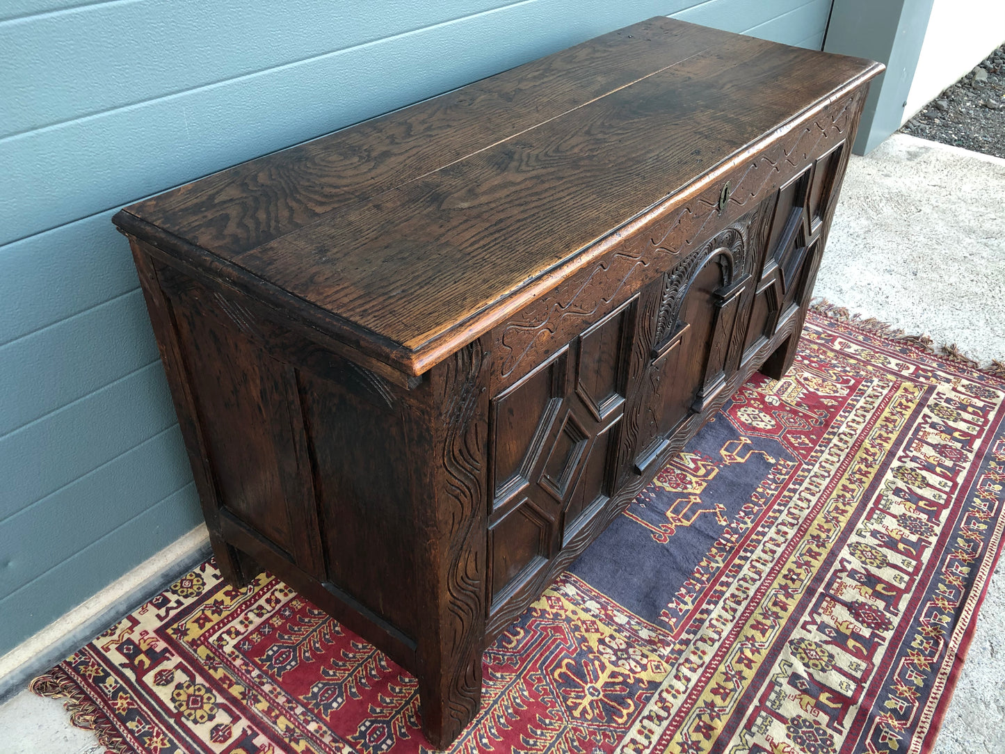 A 17th Century Antique Carved Oak Coffer / Antique Carved Oak Chest ( SOLD )