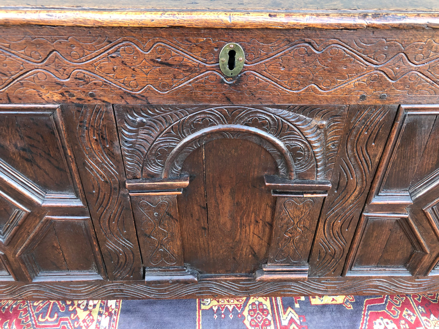 A 17th Century Antique Carved Oak Coffer / Antique Carved Oak Chest ( SOLD )