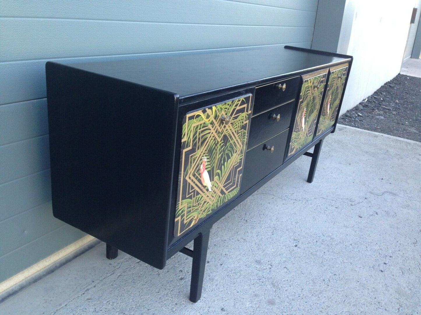 232.....Stunning Retro Sideboard Refinished In Black And Decoupage Decoration ( SOLD )