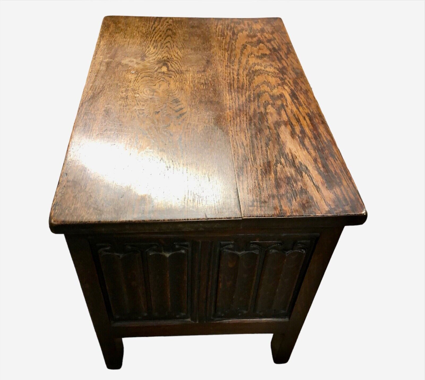 000891....Handsome Gothic Style Small Carved Oak Coffer / Storage Chest ( sold )