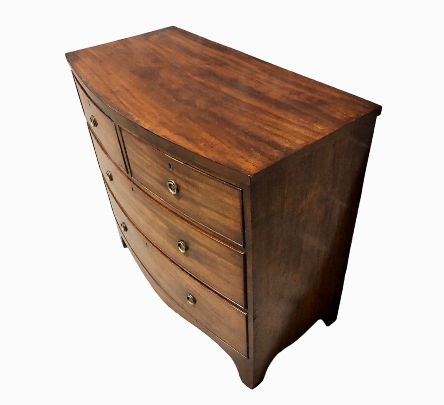 000884....Handsome Antique Regency Mahogany Bow Front Chest Of Drawers ( sold )