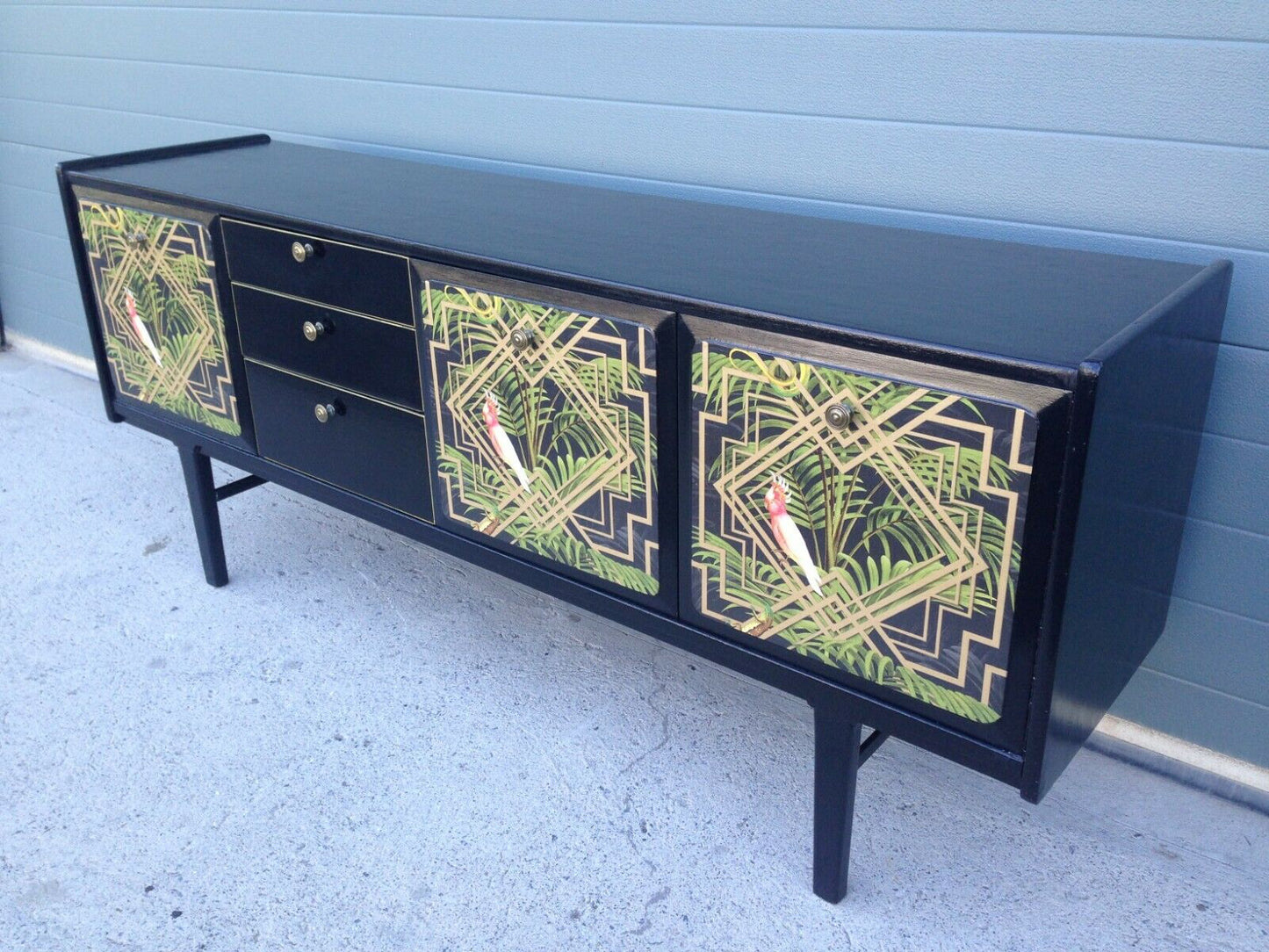 232.....Stunning Retro Sideboard Refinished In Black And Decoupage Decoration ( SOLD )