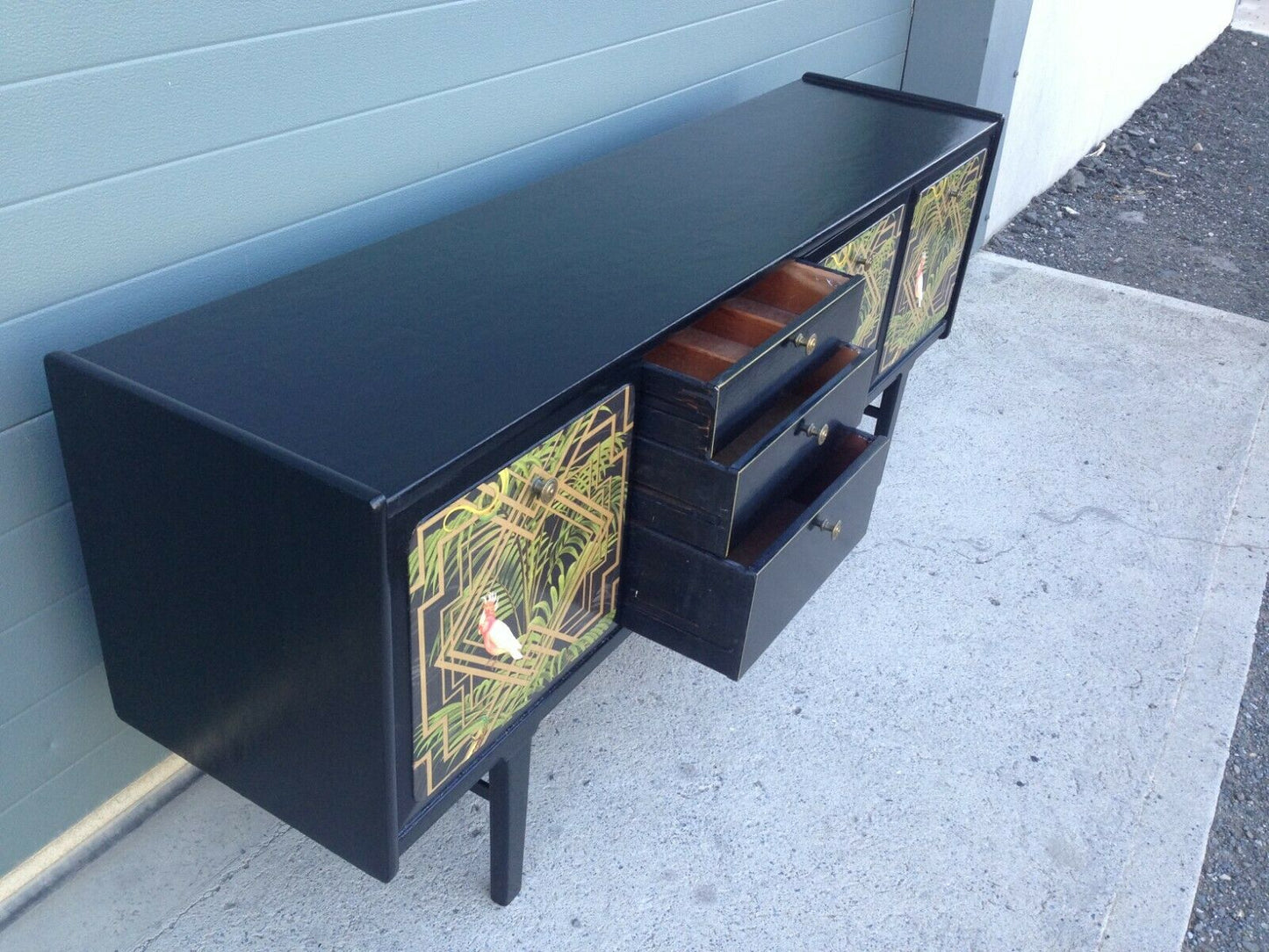 232.....Stunning Retro Sideboard Refinished In Black And Decoupage Decoration ( SOLD )