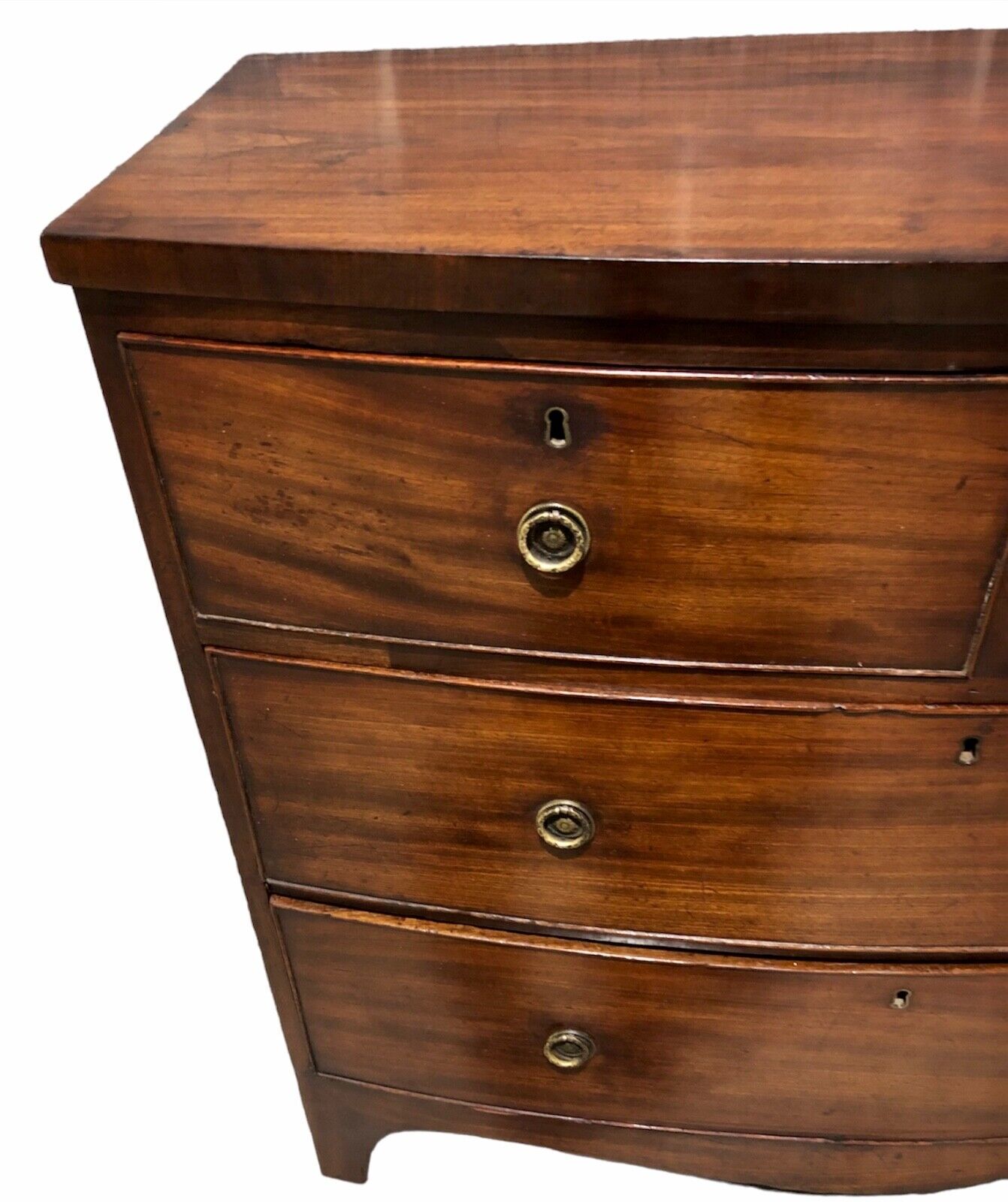 000884....Handsome Antique Regency Mahogany Bow Front Chest Of Drawers ( sold )