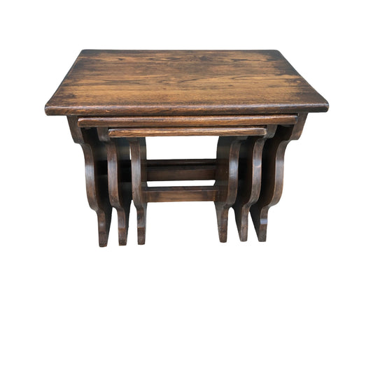 000898....Handsome Nest Of Three Vintage Solid Oak Tables By Reprodux ( sold )