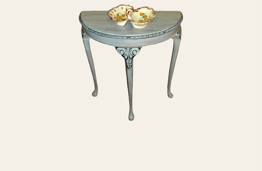 115.....Vintage Carved Hall Table / Refinished Demi Lune Table