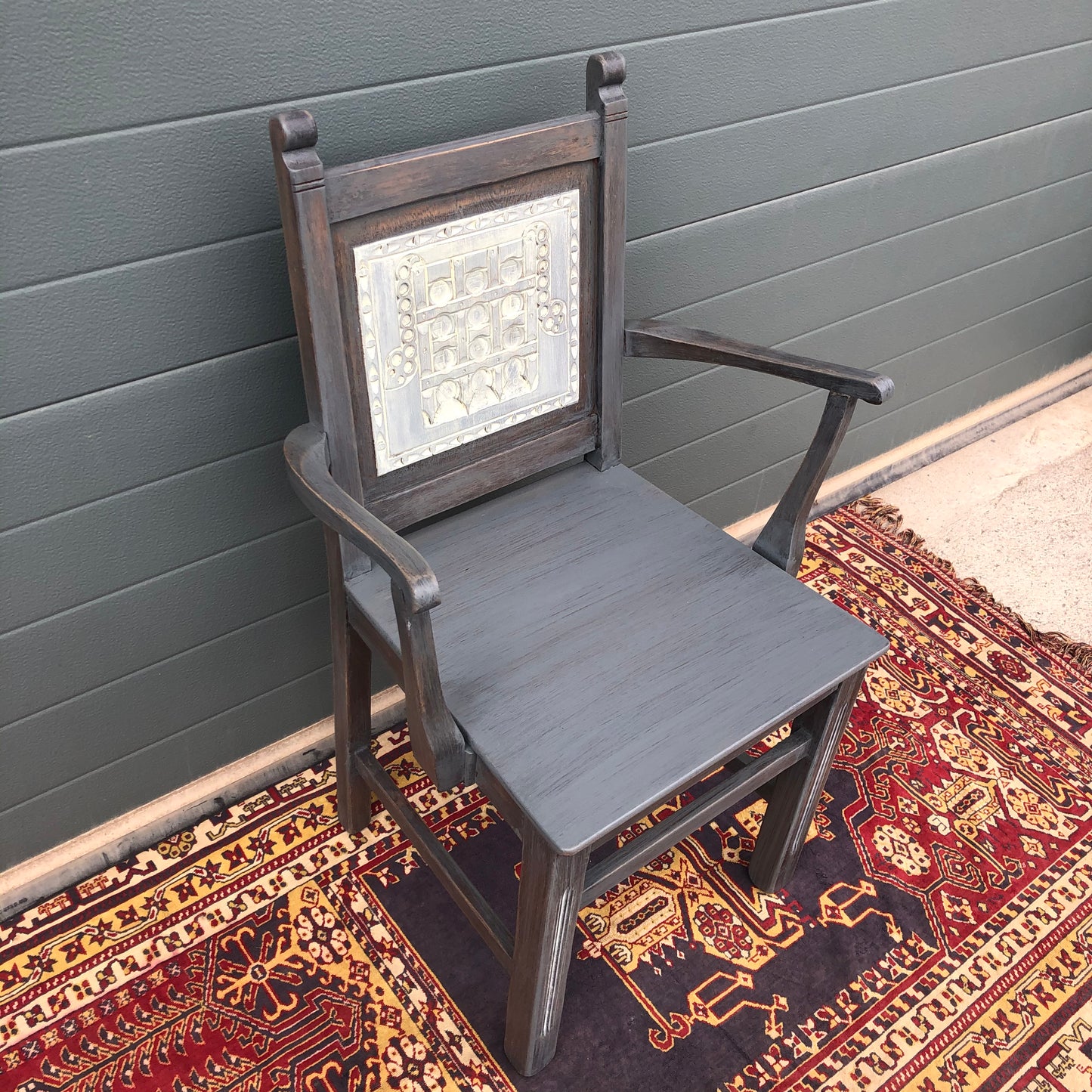 A Pair Of Carved Oak Carver Chairs / Vintage Hall Chairs ( SOLD )