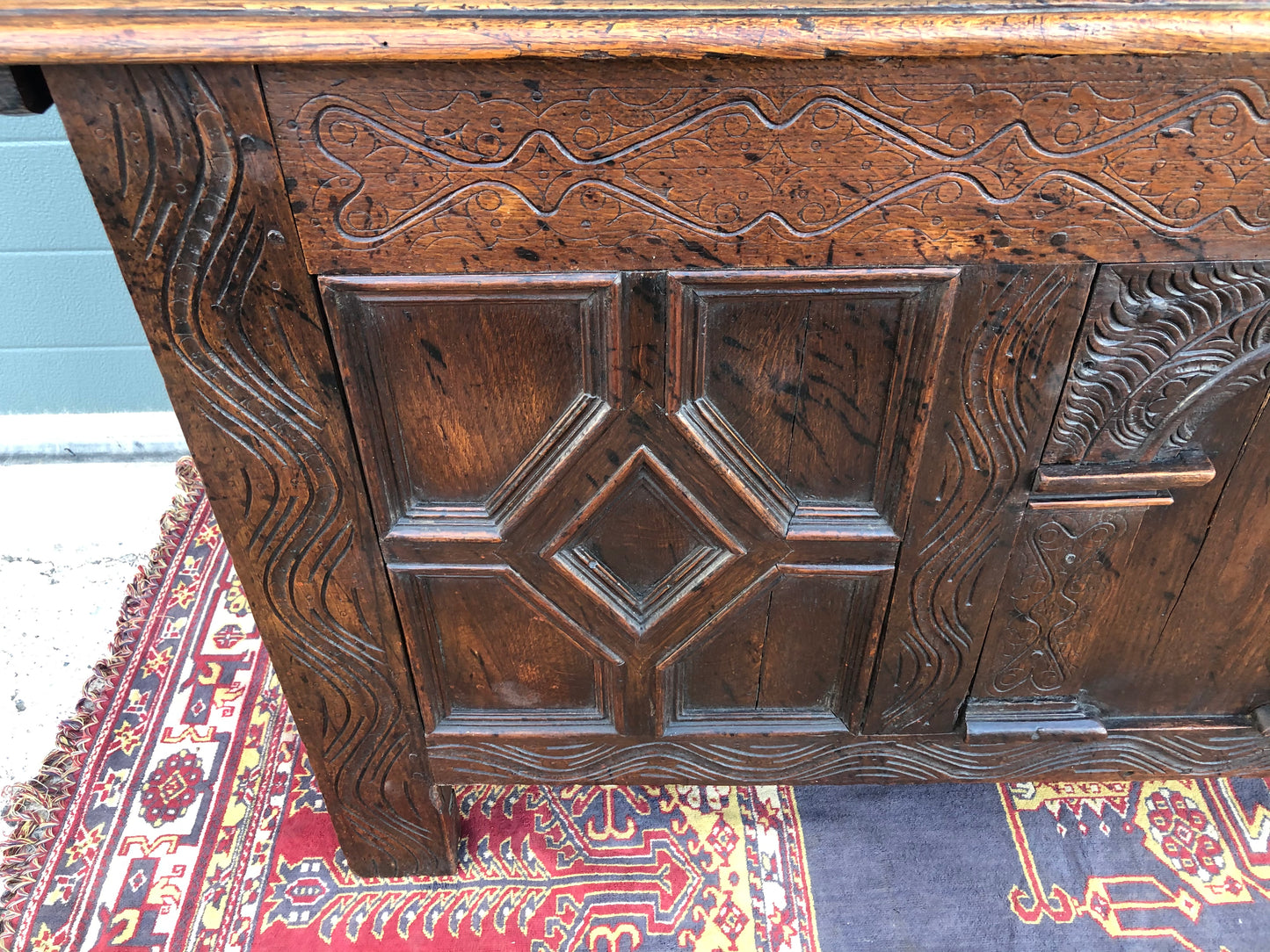 A 17th Century Antique Carved Oak Coffer / Antique Carved Oak Chest ( SOLD )