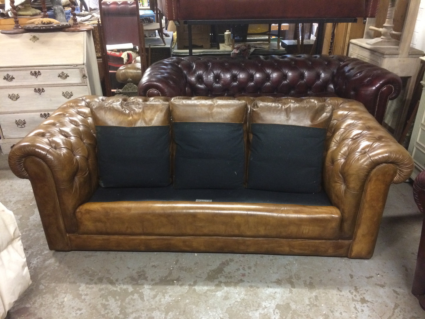 Vintage 70's Hand Dyed Tan / Light Brown Tetrad Leather Chesterfield 3 Seat Sofa SOLD