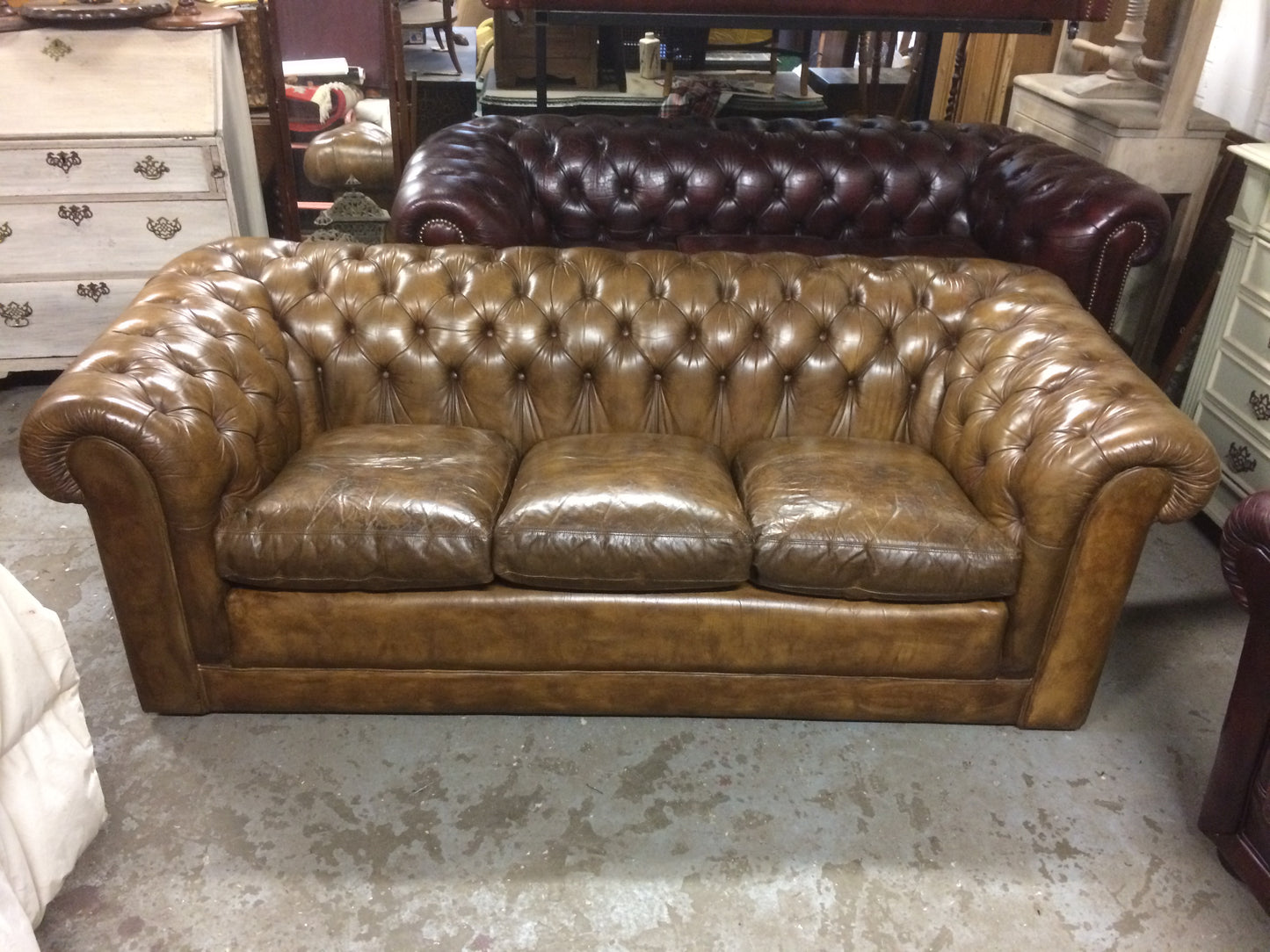 Vintage 70's Hand Dyed Tan / Light Brown Tetrad Leather Chesterfield 3 Seat Sofa SOLD